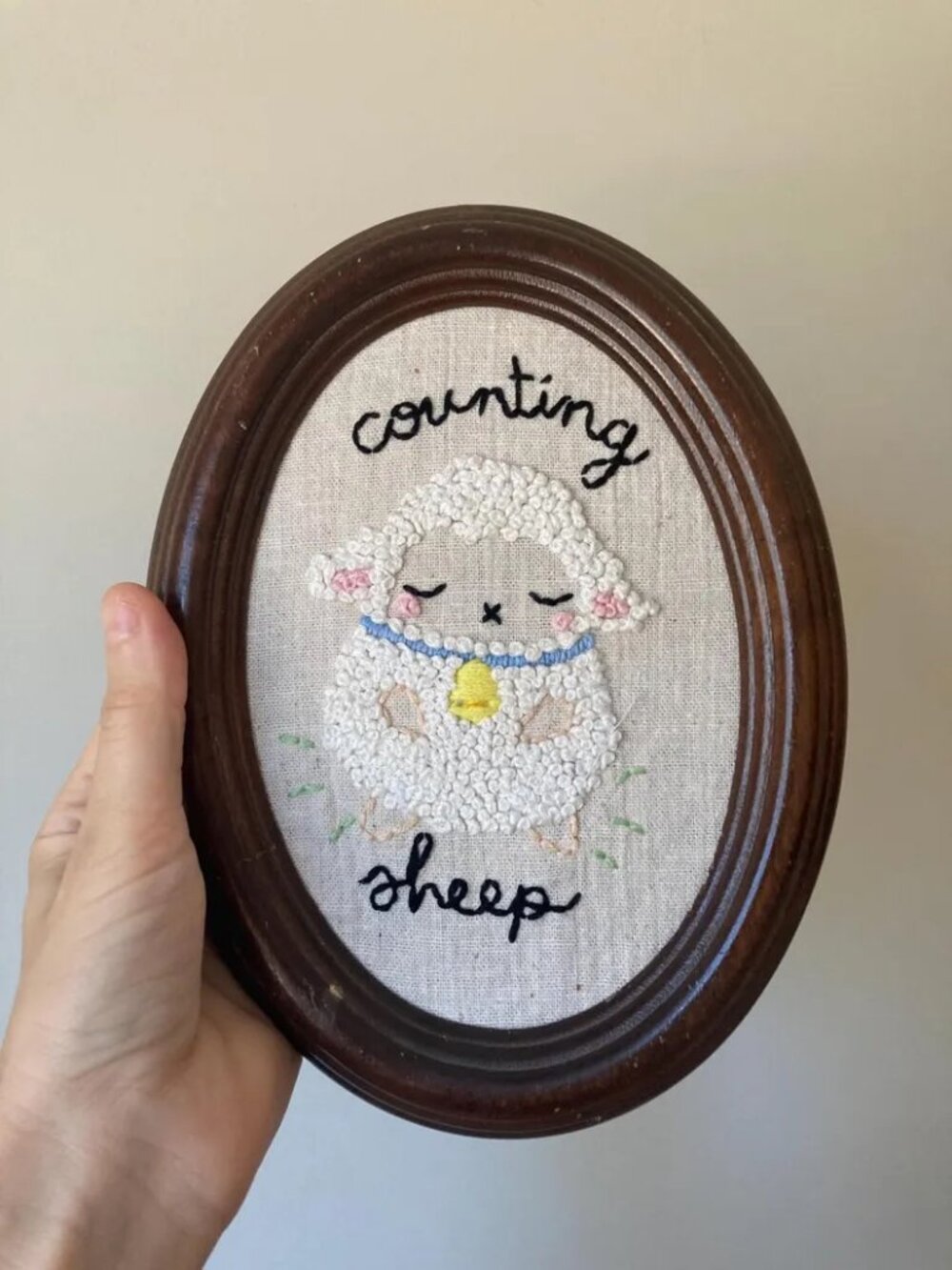 Sleepy Lamb Art: Hand-Embroidered Nursery Wall Hanging Cute Sleeping Sheep Decor
